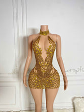 Beaded Gold Diamond Crystal Sparkly Cocktail Party Dress
