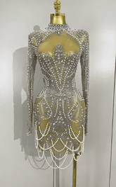 Abi Luxury Diamond Pearl Mesh Stretch Mini Dress