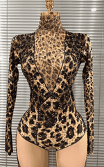 Azi Leopard Print Rhinestone Performance Two Piece Clubwear Set