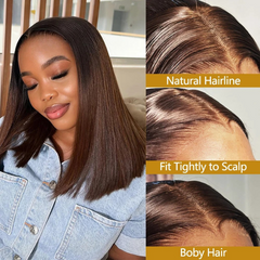 Chocolate Brown Bob Glueless Wig – 4x4 Brazilian Straight Human Hair Lace Front, Ready to Wear