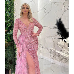 Blue Beading Sequined Feathers V Neck Long Sleeve Sweep Train Prom Dress
