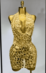 Arielle Backless Deep V Neck Gold Mini Dress