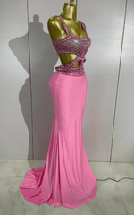 Courtney Sparkly Rhinestone Pink Sexy Sleeveless Long Dress Two Pieces Set