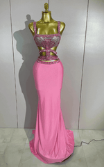 Courtney Sparkly Rhinestone Pink Sexy Sleeveless Long Dress Two Pieces Set