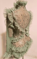 Channel Mint Color Long Sleeve Mesh Ruffles Shining Sequins Bodycon Mini Dress
