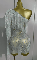 Atrisha One Shoulder Sparkly Rhinestone Tassel Sheer Mesh Mini Dress