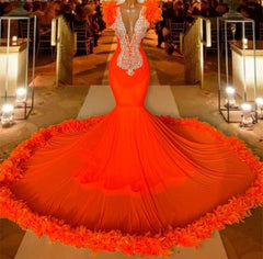 Crystal Orange Feathers Mermaid Prom Dress