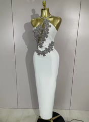 Bianca Sexy Backless Sparkly Crystal Diamonds White Bodycon Bandage Dress