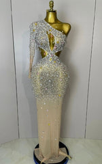 Anita Sexy One Shoulder Hollow Out Crystal Bodycon Long Dress