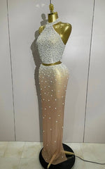 Carmela Sparkly Rhinestone Pearl Beaded Sheer Two Piece Set