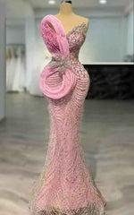 Blush Radiance Crystal Mermaid Gown With Sculptural Pink Drape And Floral Jewel Accents