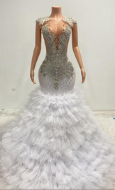 Ava Adorable Tulle Ruched Train Rhinestones Prom Dress