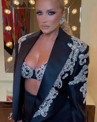 Black Noble Blazer Suits for Women Beading Appliques Pants Suit Tuxedos 3 Pieces