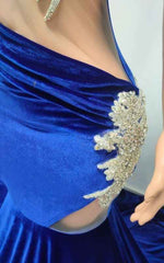 Blue Sheer Bodice Crystal-Embellished Velvet Prom Dress