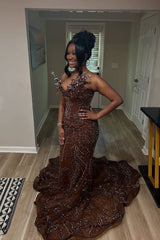 Brown Sparkling Crystal Beading Mermaid Prom Dress