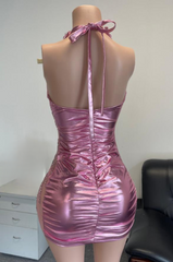 Brenda Sexy Halter Pink Crystal Mini Birthday Dress