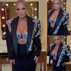 Black Noble Blazer Suits for Women Beading Appliques Pants Suit Tuxedos 3 Pieces