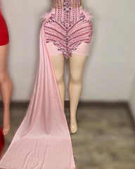 Cute Pink Sheer Mesh Feather Diamond Birthday Dress