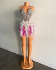 Cute Beaded Crystals Sweetheart Cocktail Birthday Dress with Feathers