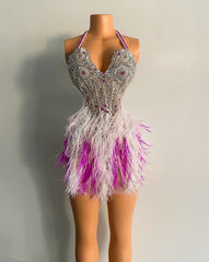 Cute Beaded Crystals Sweetheart Cocktail Birthday Dress with Feathers