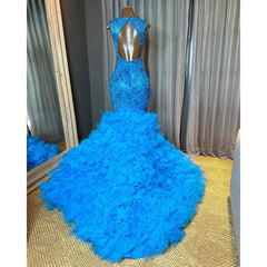 Blue Crystal Sequin Ruffled Mermaid Prom Dress