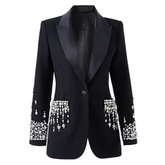 Beaded Rhinestone Embellished Single-Button Women's Suit Jacket Elegant Blazer