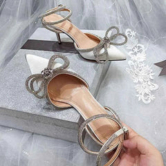 2026 New Fashion Glitter Rhinestones Women Pumps Crystal Bowknot Silk Pointed Toe Buckle Strap Thin High Heels