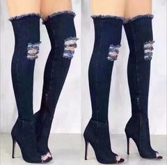 Denim Tassel Thigh High Heeled Boots