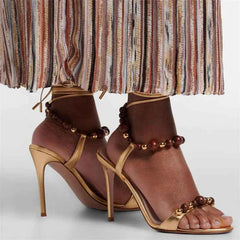 Bohemian Beaded Ankle Wrap Stiletto Sandals Leather Open-Toe Lace-Up High Heels