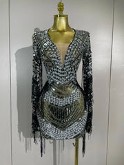 Candice Sparkling Diamond Sequin Tassel Long Sleeve Sheer Mesh Mini Dress