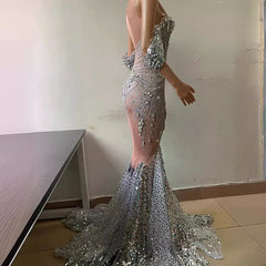 Bright Crystal Sequins Elegant Fishnet Prom Dress
