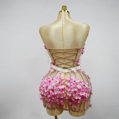 Courtney Nude Pink Mesh 3D Flower Crystal Beaded Jumpsuit