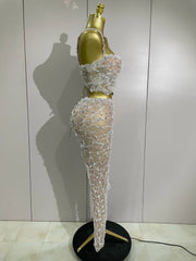 Diane Sparkly Rhinestone Lace Halter Top & Wide-Leg Pants Two-Piece Set