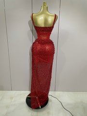 Amina Sparkly Red Rhinestone 2-Piece Long Dress – Party & Stage Glam