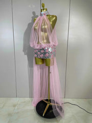 Almira Sparkly Rhinestone Pearl Mirror Mesh Long Tail Dress for Women