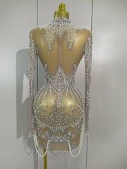 Brenda Short Mesh Dress With Pearls and Sparkling Diamonds - Ready to Ship