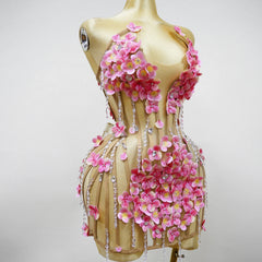 Courtney Nude Pink Mesh 3D Flower Crystal Beaded Jumpsuit