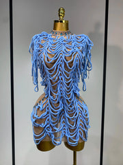 Brielle Sexy Mesh See Through Rhinestone Chain Dress
