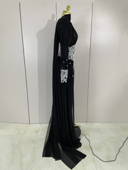 Alie Elegant Sparkly Diamond Long Sleeve Mesh See-Through Maxi Abaya Party Dress