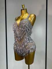 Anne Sparkly Rhinestones Sequins Tassel Sexy See-Through Bodysuit