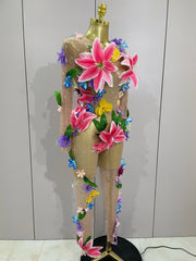 Danielle Sparkly Rhinestones 3D Flower Nude Mesh Jumpsuit