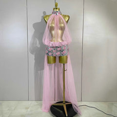 Almira Sparkly Rhinestone Pearl Mirror Mesh Long Tail Dress for Women
