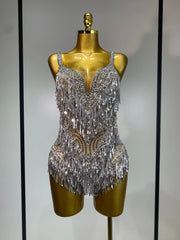 Anne Sparkly Rhinestones Sequins Tassel Sexy See-Through Bodysuit