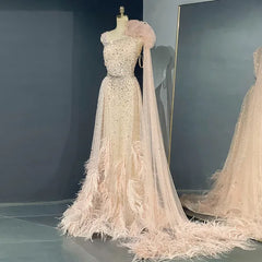 Blush Pink Feathers Luxury Dress With Cape