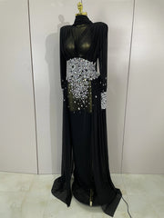 Alie Elegant Sparkly Diamond Long Sleeve Mesh See-Through Maxi Abaya Party Dress