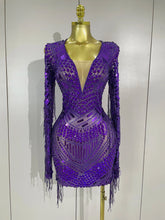 Candice Sparkling Diamond Sequin Tassel Long Sleeve Sheer Mesh Mini Dress