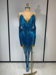 Christy Blue Rhinestone Tassel See Through Mesh Dress