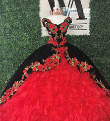 Black and Red Spaghetti Straps Quinceanera Tiered Ball Gown