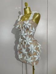 Ailaya Sexy Sparkly Diamond White Flower Feathers Mini Dress
