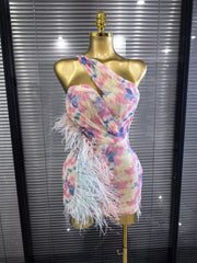 Arabella Sequin One-Shoulder Feather Bodycon Mini Dress